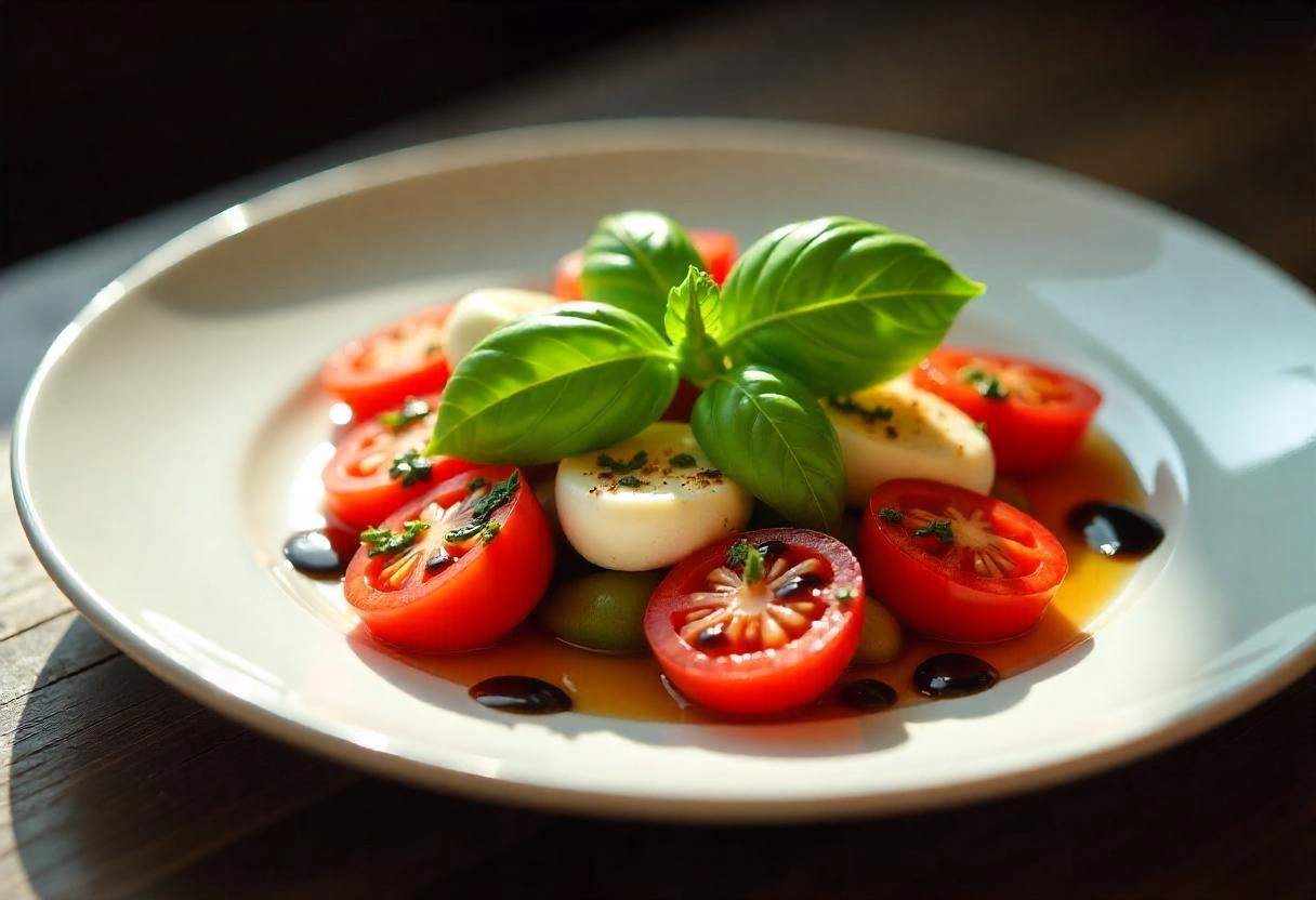 A classic Caprese salad arranged on a white plate with fresh tomatoes, mozzarella, and basil drizzled with balsamic glaze