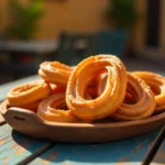 A tray of golden-brown baked churros dusted with cinnamon sugar