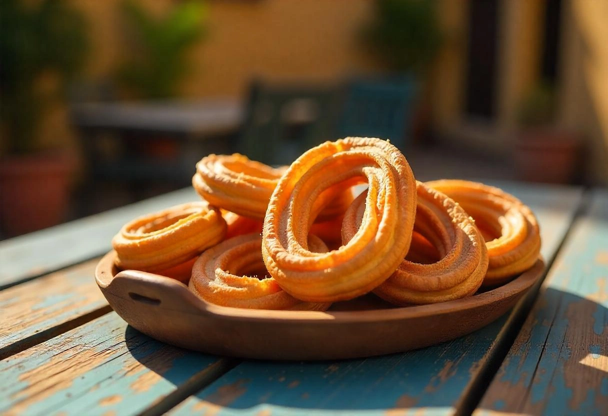 A tray of golden-brown baked churros dusted with cinnamon sugar