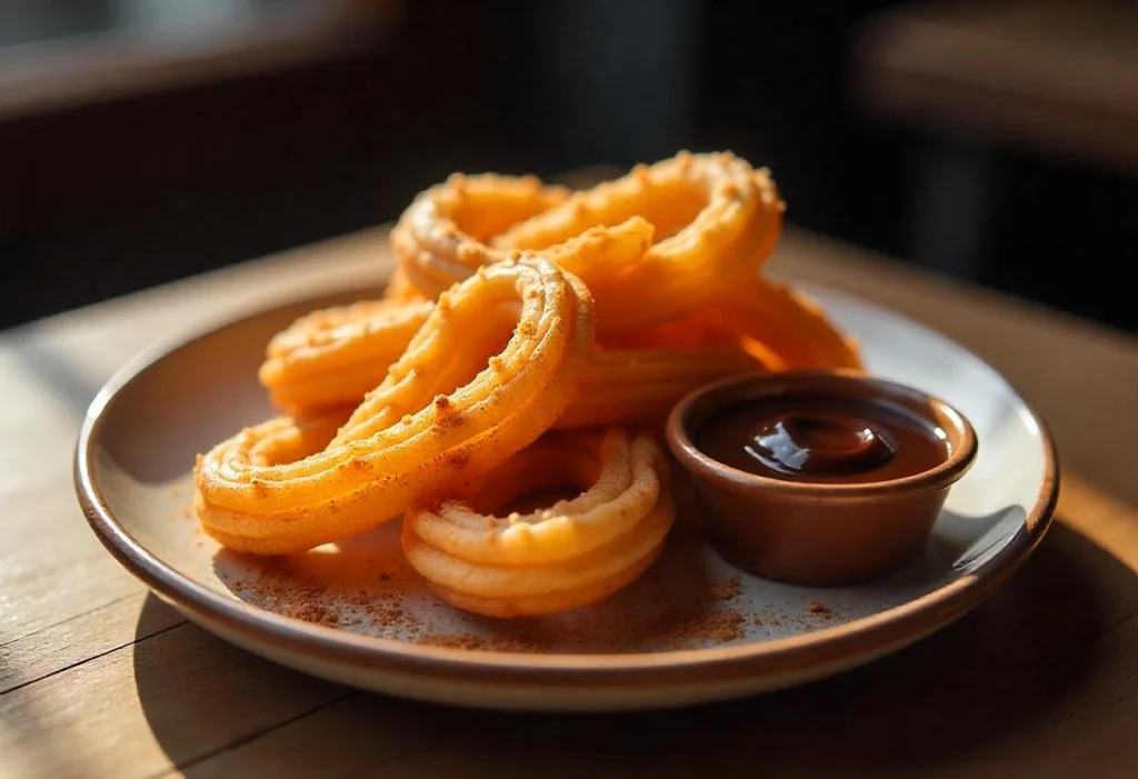 Baked churros dipped in a rich chocolate sauce, served on a rustic plate