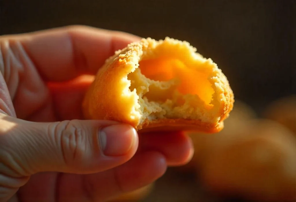 A hand holding a baked churro with a bite taken out, showing the soft interior