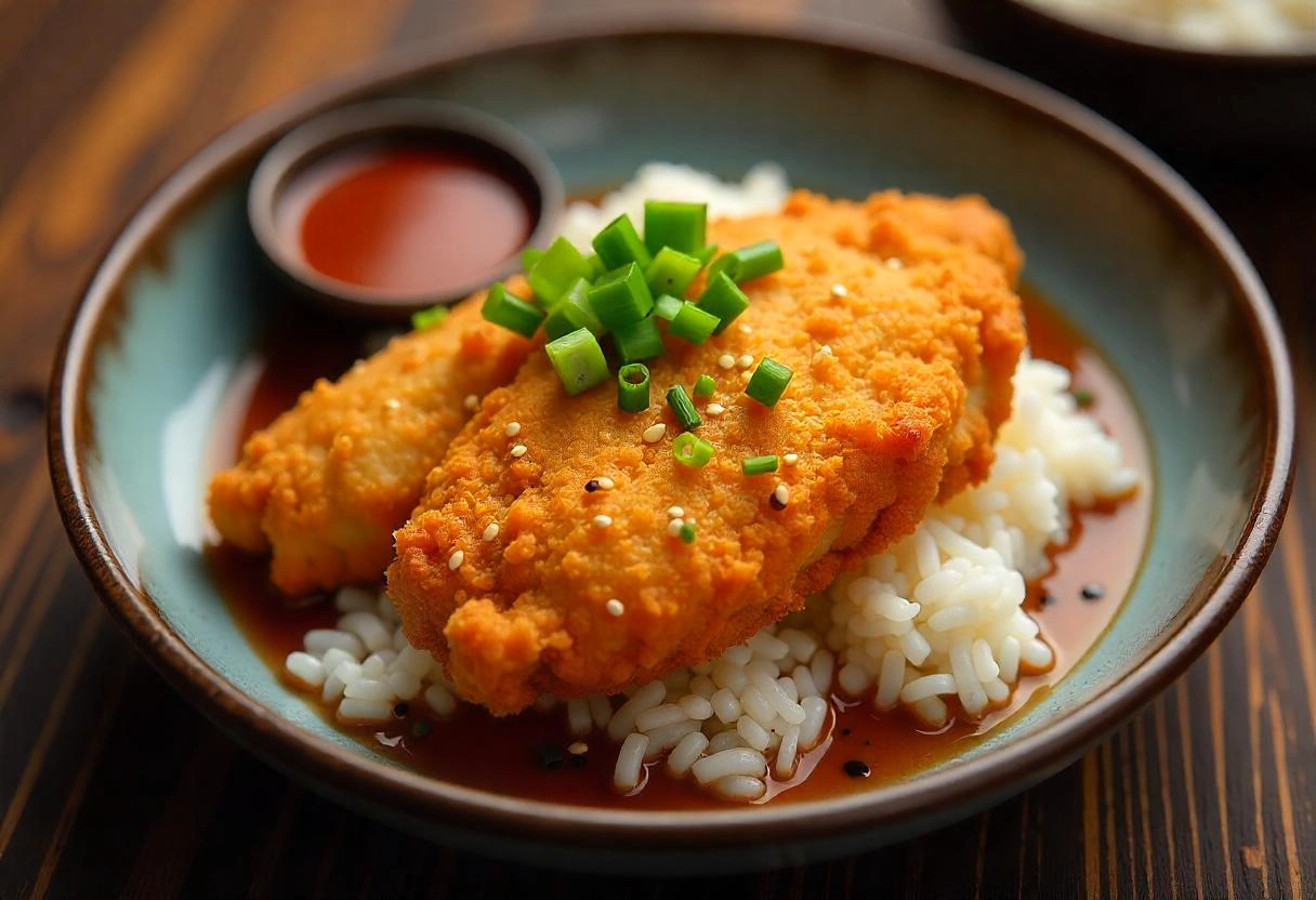 A crispy golden Chicken Katsu cutlet served with steamed white rice and tonkatsu sauce