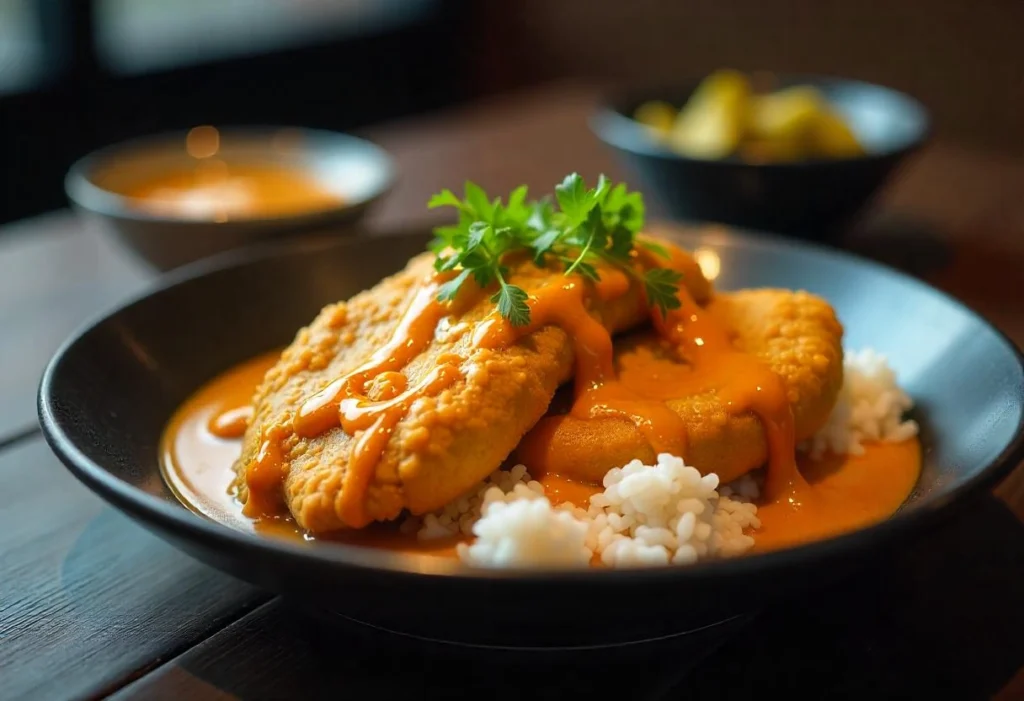 Chicken Katsu drizzled with thick Japanese curry sauce, served with rice and pickles