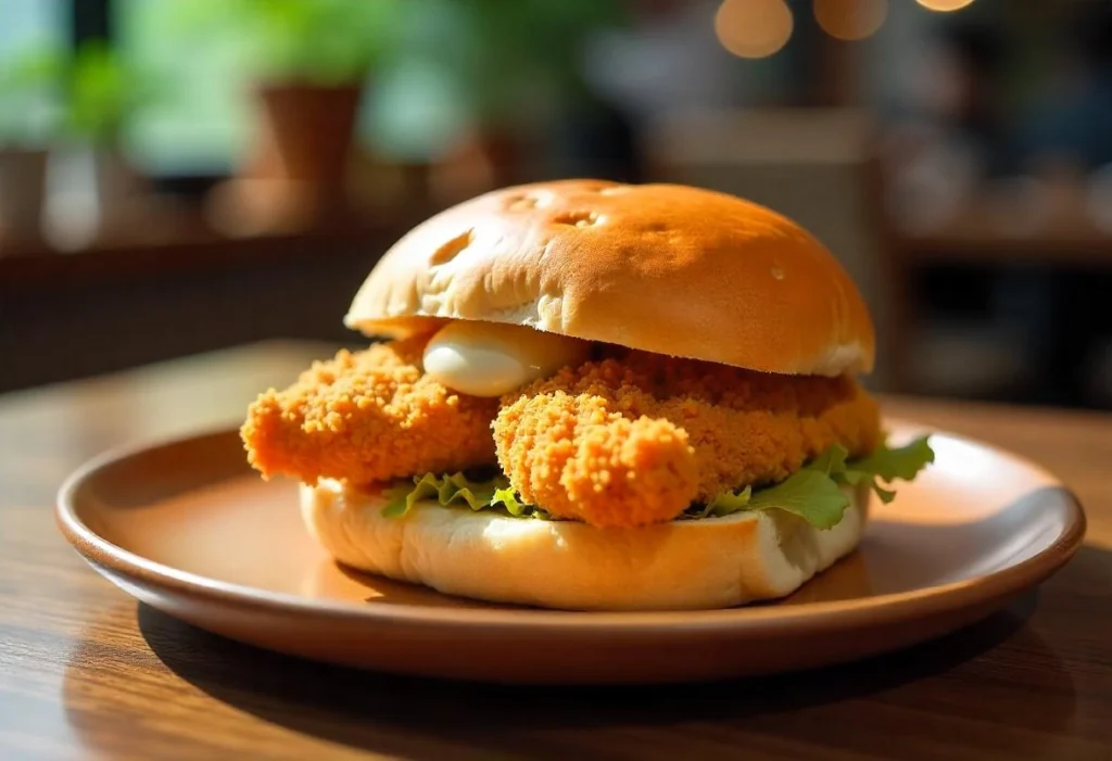 A Japanese Chicken Katsu sandwich with crispy breaded chicken, soft milk bread, and tonkatsu sauce