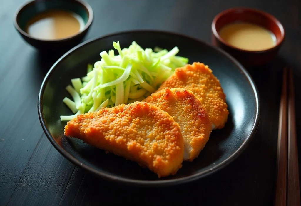 Sliced Chicken Katsu served with shredded cabbage, miso soup, and a side of sesame dressing