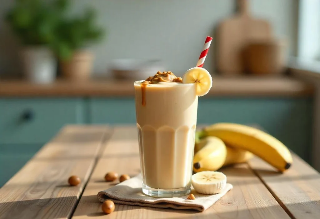 A creamy peanut butter banana smoothie in a glass with a straw, topped with banana slices and a drizzle of peanut butter