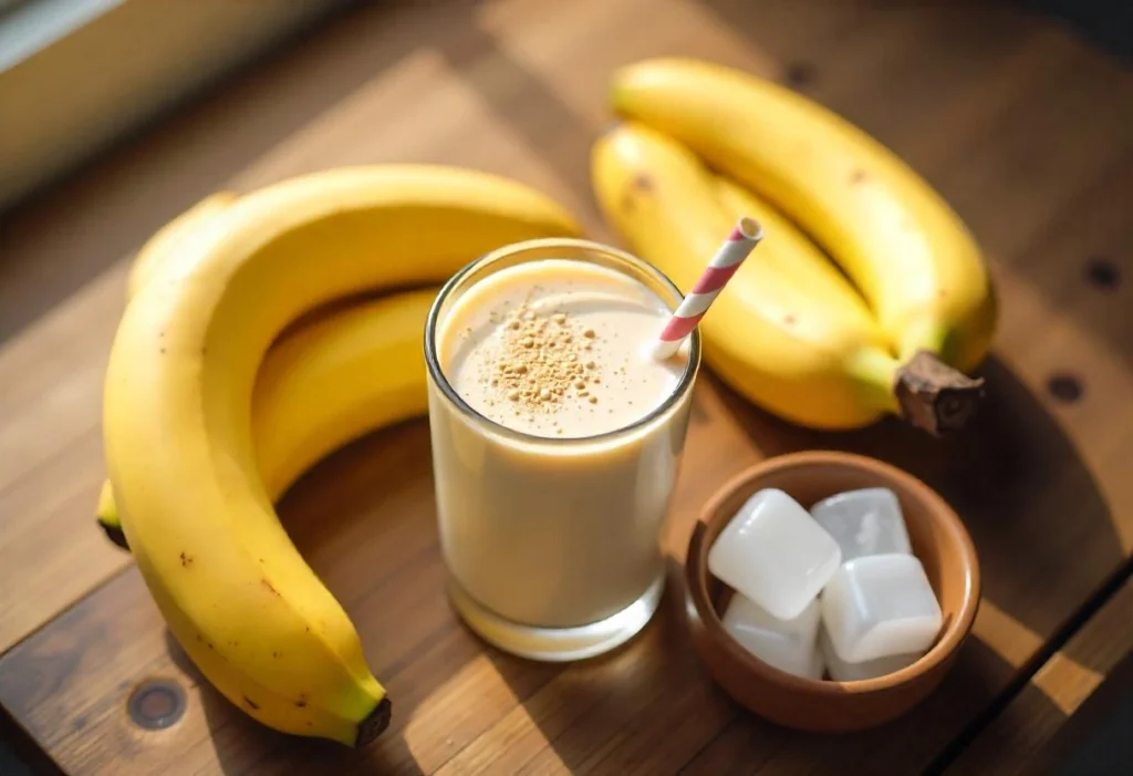 A flat lay of fresh bananas, peanut butter, milk, and ice cubes on a wooden surface, ready for blending