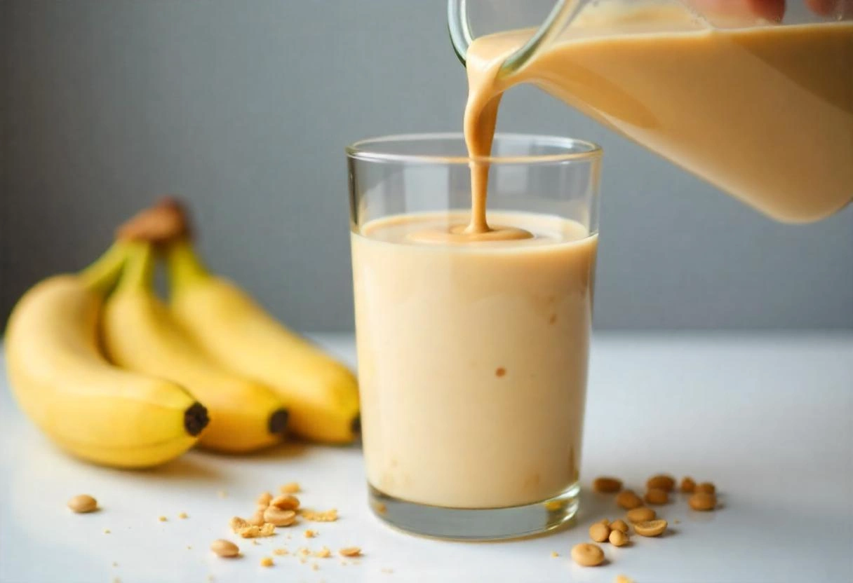 A peanut butter banana smoothie being poured from a blender into a glass, with a swirl of peanut butter on top