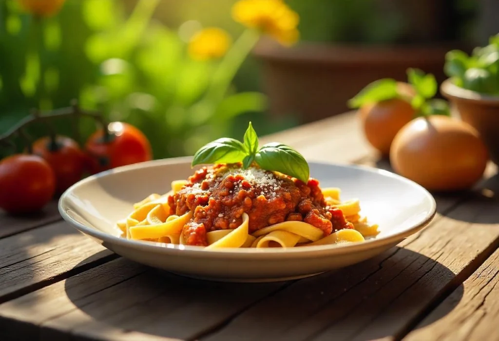 A plate of tagliatelle pasta coated in rich Bolognese sauce, garnished with Parmesan and fresh basil