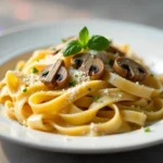 Creamy tagliatelle pasta with mushrooms, Parmesan, and fresh herbs on a white plate