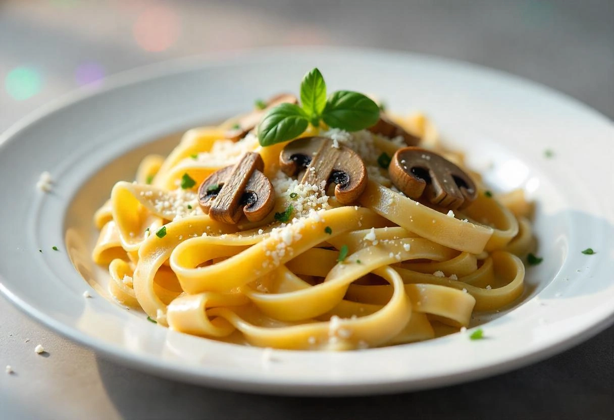 Creamy tagliatelle pasta with mushrooms, Parmesan, and fresh herbs on a white plate