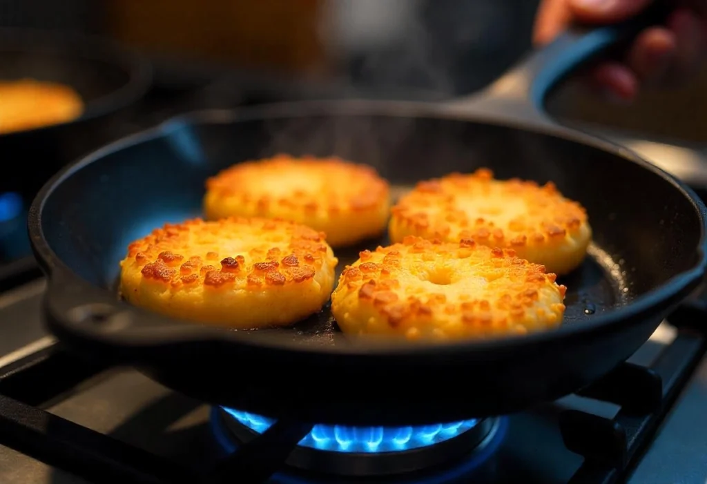 Crispy golden frozen hash browns frying in a skillet