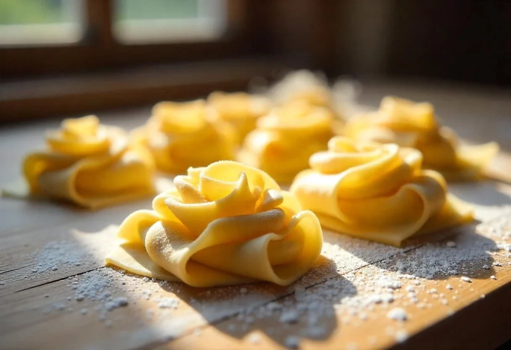 Freshly made tagliatelle pasta nests dusted with flour on a wooden surface