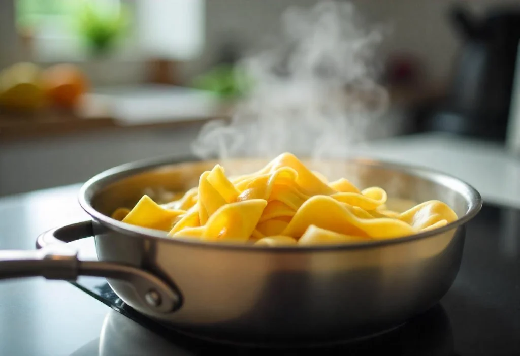 Tagliatelle pasta boiling in a pot of salted water with steam rising