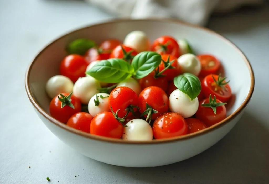 A rustic Caprese salad made with cherry tomatoes, mini mozzarella balls, and basil leaves in a serving bowl