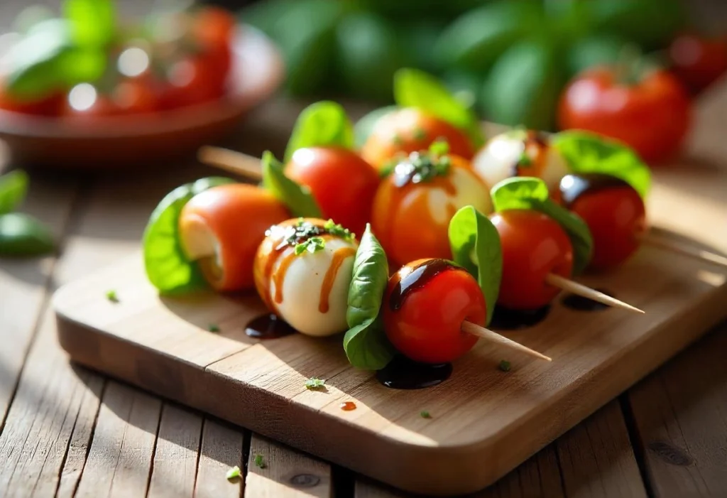 Caprese salad served on skewers with cherry tomatoes, mozzarella balls, and basil leaves, drizzled with balsamic glaze