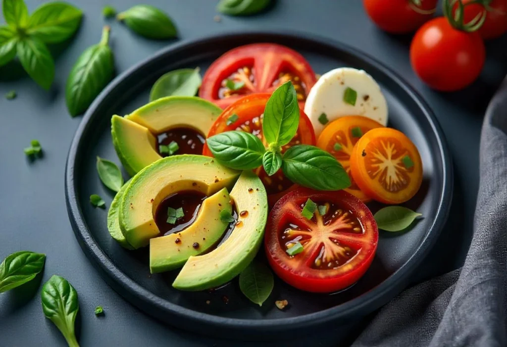 Caprese salad with sliced avocado, heirloom tomatoes, and mozzarella, garnished with fresh basil and balsamic drizzle