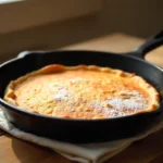 A golden, puffy German pancake in a cast-iron skillet, dusted with powdered sugar