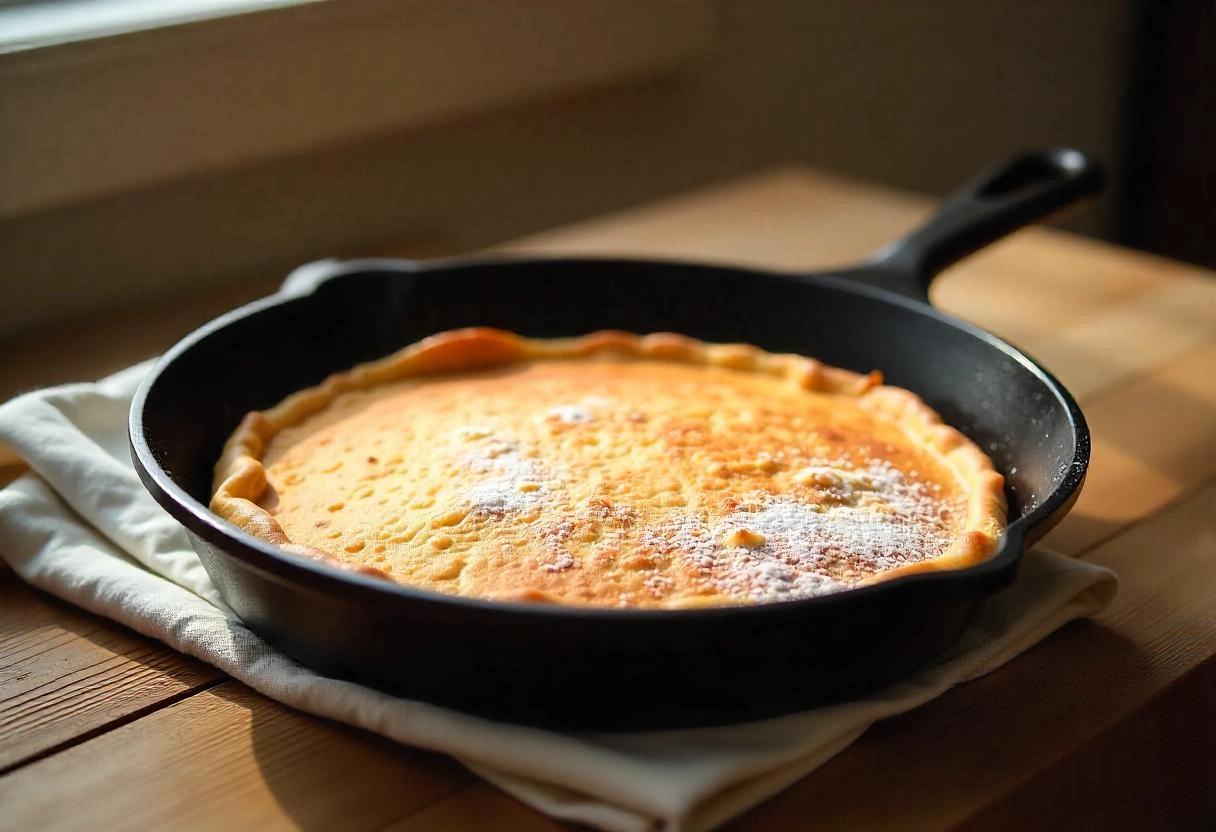 A golden, puffy German pancake in a cast-iron skillet, dusted with powdered sugar