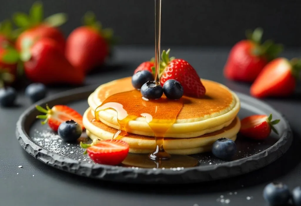 A plate of fluffy German pancake slices topped with fresh strawberries, blueberries, and maple syrup