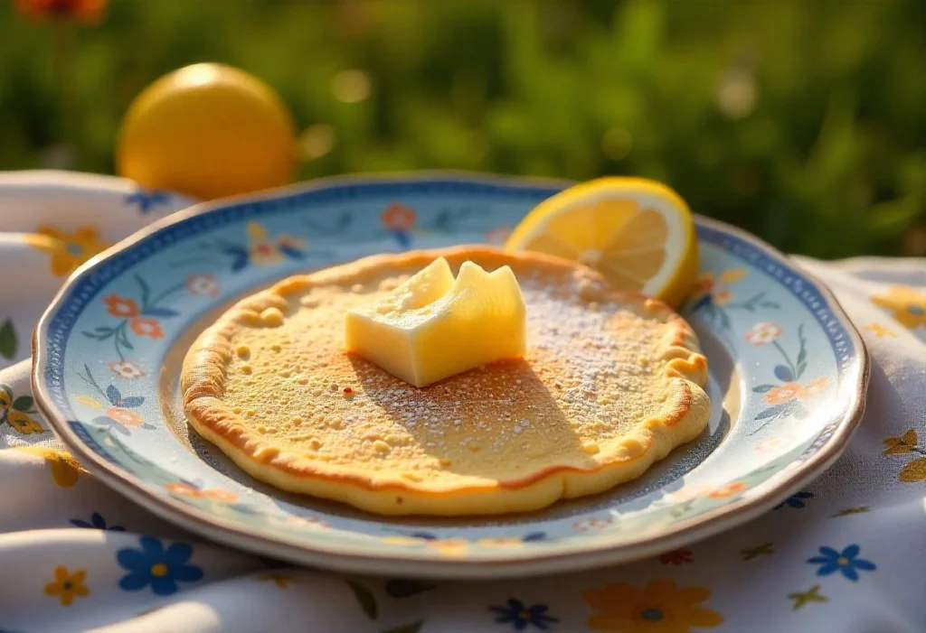 A golden German pancake on a plate, lightly dusted with powdered sugar and a squeeze of fresh lemon