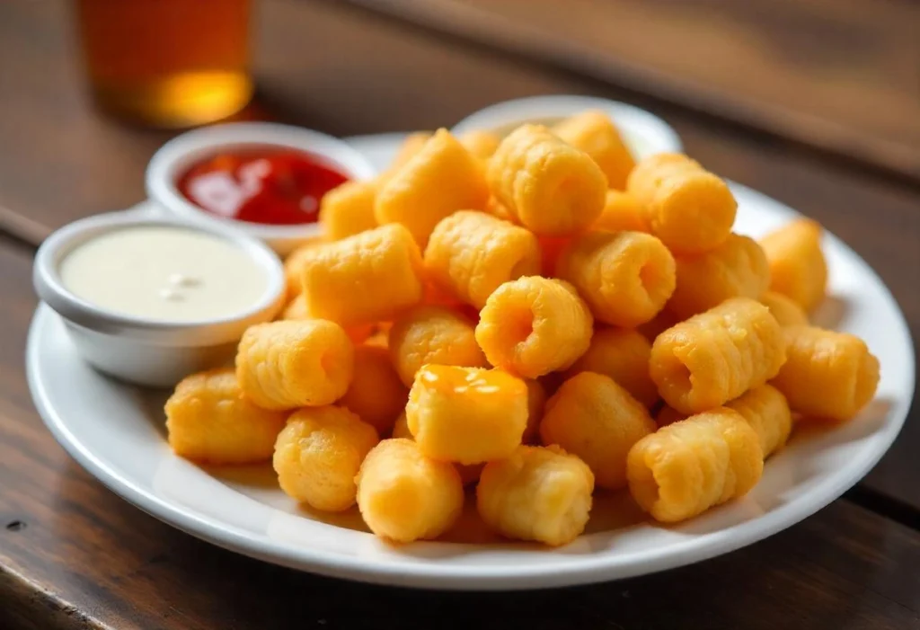 A plate of tater tots served with ketchup, ranch, and cheese sauce for dipping