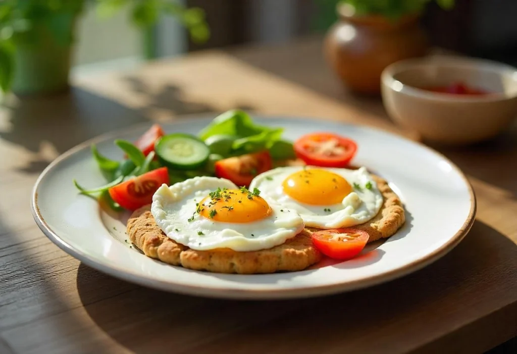 Cottage cheese and sunny-side-up eggs served on a breakfast plate with vegetables