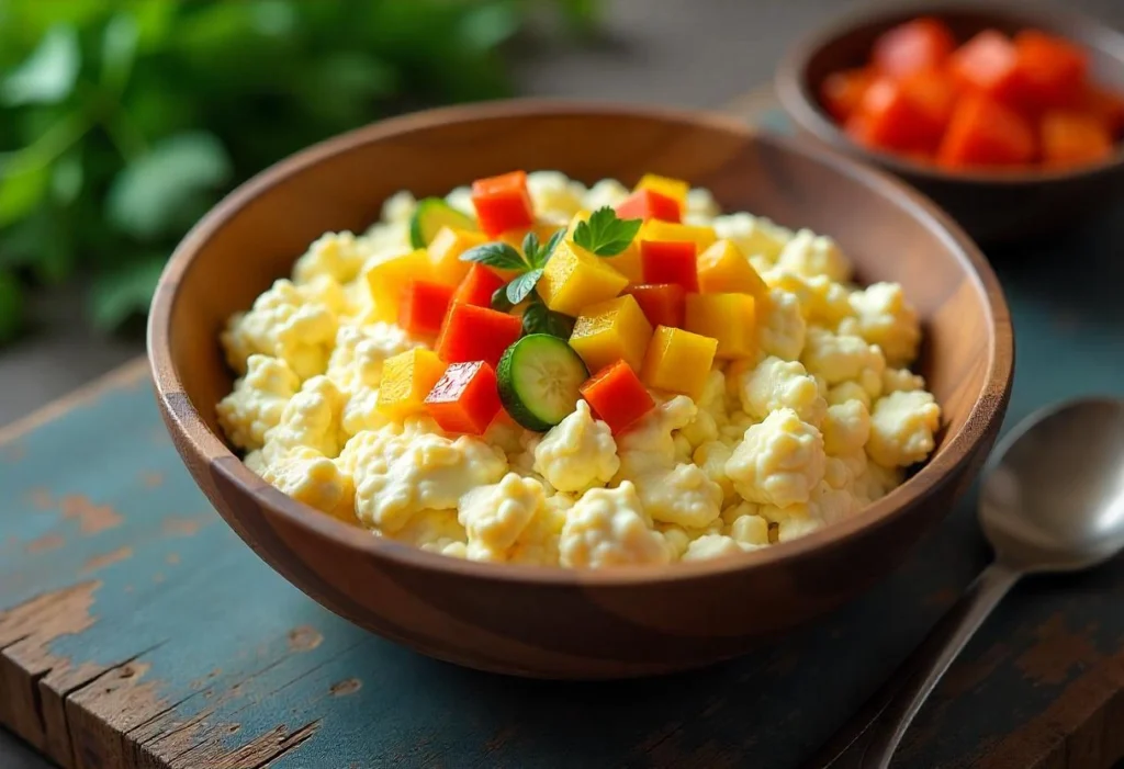 A bowl of cottage cheese topped with scrambled eggs and diced vegetables