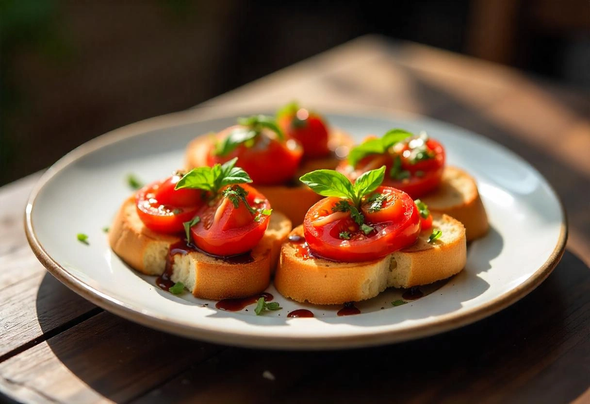 A plate of classic tomato bruschetta with fresh basil and balsamic drizzle on toasted bread