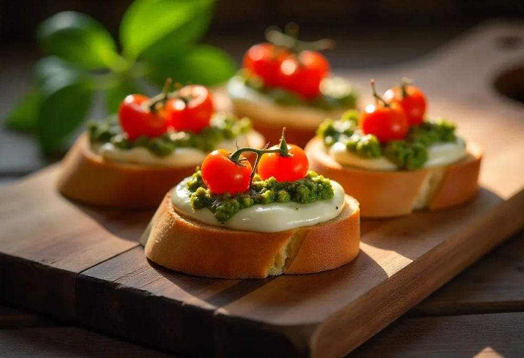 Bruschetta topped with creamy mozzarella, fresh pesto, and cherry tomatoes on a rustic wooden board