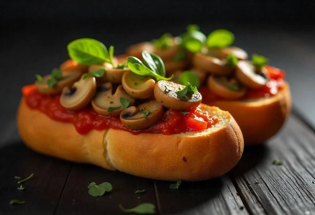 Bruschetta topped with sautéed mushrooms, garlic, and fresh herbs on a crusty baguette