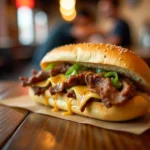 A close-up of a classic Philly cheesesteak sandwich with thinly sliced beef, melted cheese, and sautéed onions in a toasted hoagie roll