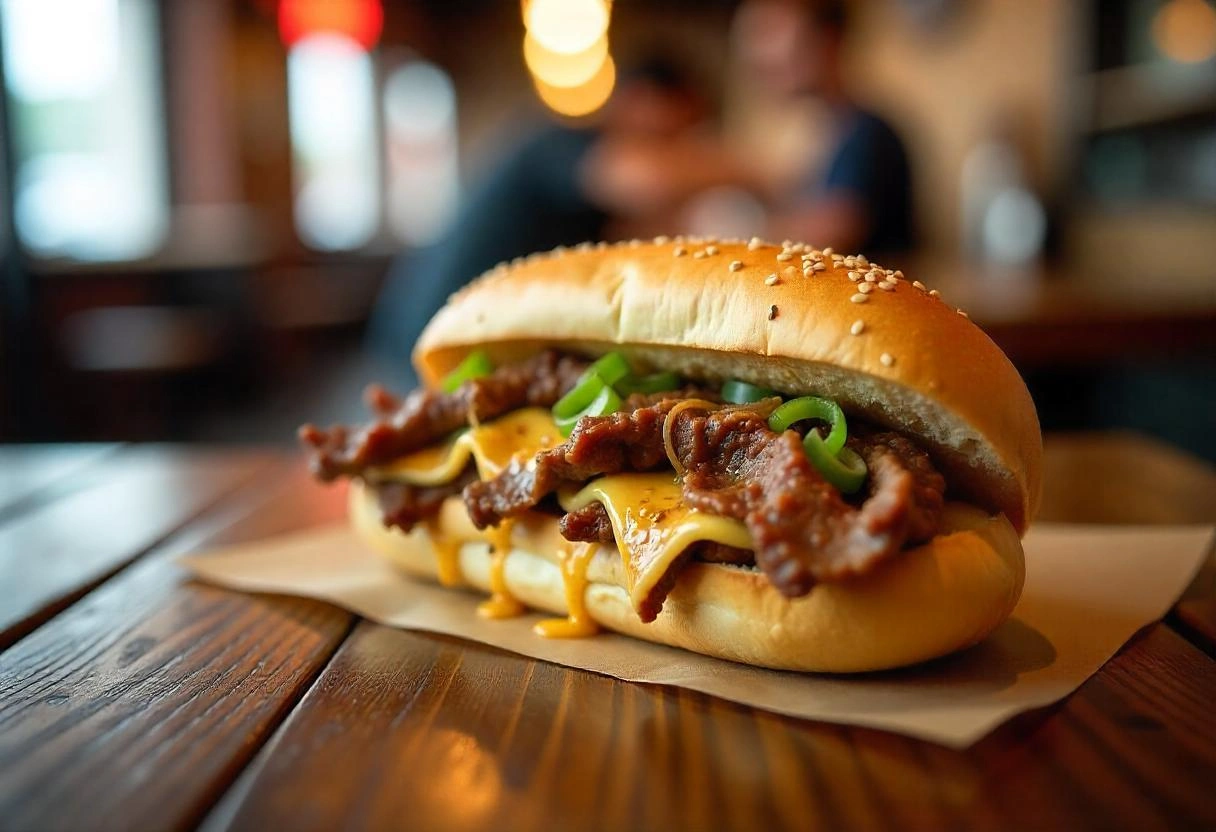 A close-up of a classic Philly cheesesteak sandwich with thinly sliced beef, melted cheese, and sautéed onions in a toasted hoagie roll