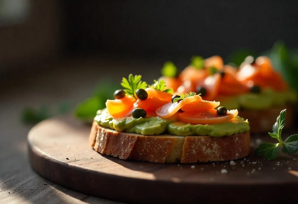 A gourmet bruschetta topped with creamy avocado, smoked salmon, and capers on toasted bread