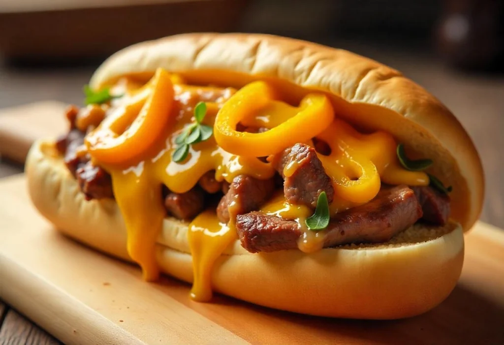 A Philly cheesesteak topped with sautéed bell peppers and onions, drizzled with melted cheese, served on a wooden board