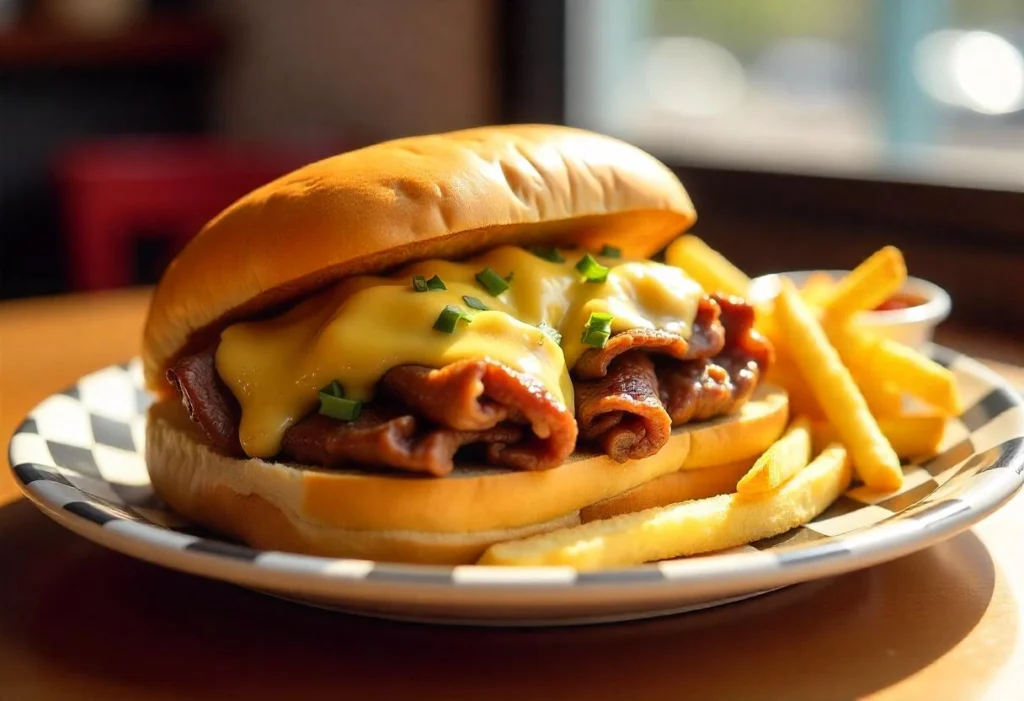 A Philly cheesesteak sandwich served with crispy golden fries on a plate, with a side of dipping sauce