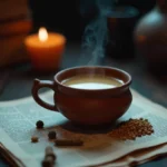 A steaming cup of Indian chai served in a traditional clay cup (kulhad) with spices on the side