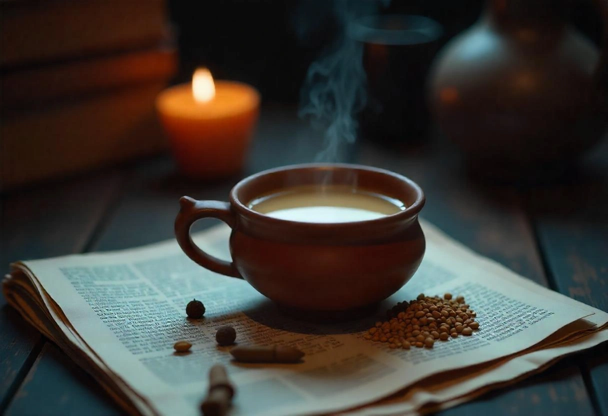 A steaming cup of Indian chai served in a traditional clay cup (kulhad) with spices on the side