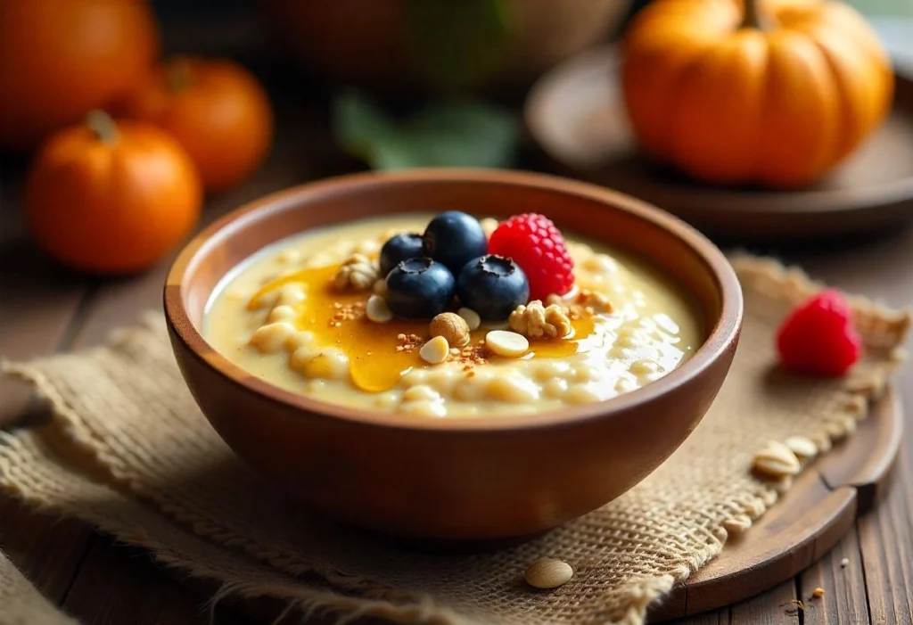 A bowl of creamy porridge topped with honey, nuts, and fresh berries