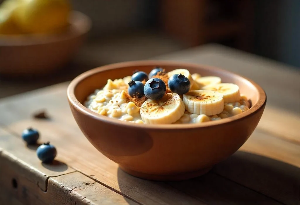 A bowl of oatmeal topped with banana slices, blueberries, and a sprinkle of cinnamon