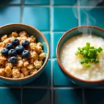 Two bowls side by side—one with oatmeal and another with traditional porridge, showcasing their textures