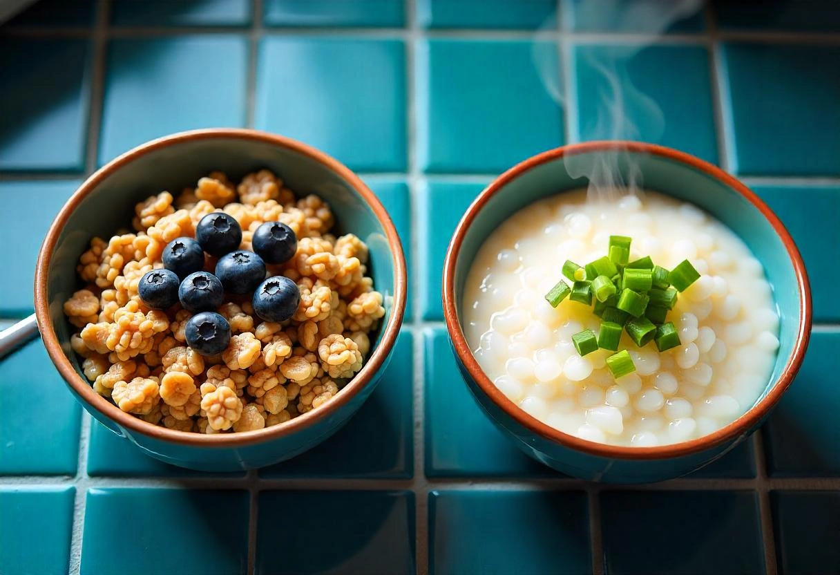 Two bowls side by side—one with oatmeal and another with traditional porridge, showcasing their textures