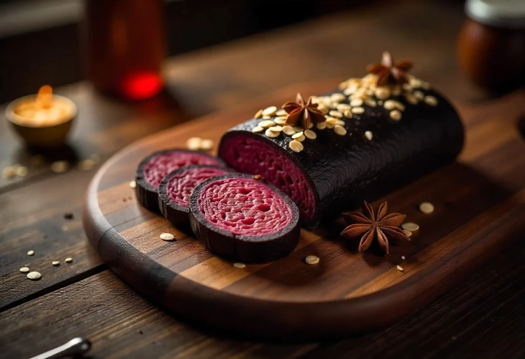 Sliced Scottish black pudding served on a wooden board with oats and spices