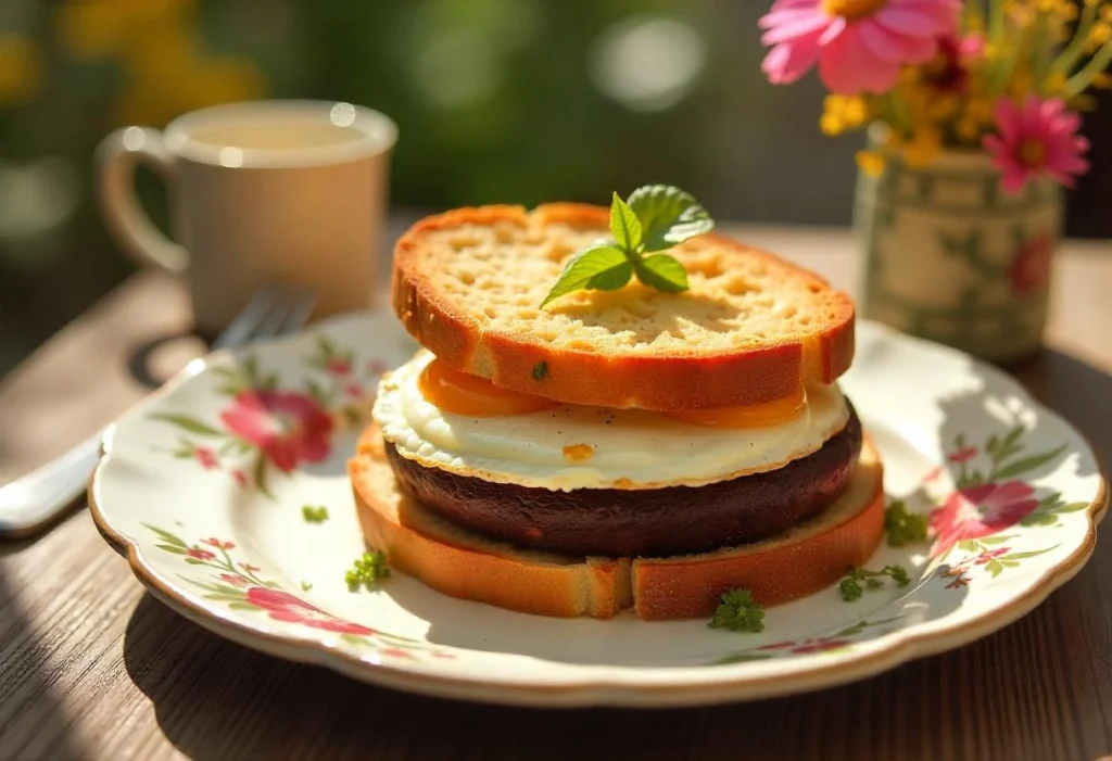 Crispy slices of Irish black pudding served with eggs and toast on a breakfast plate