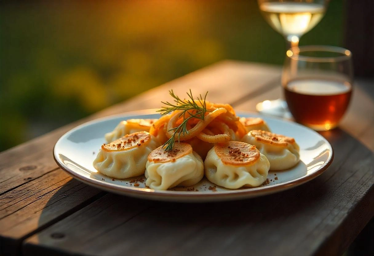 A plate of golden, pan-fried pierogi topped with crispy onions and fresh herbs