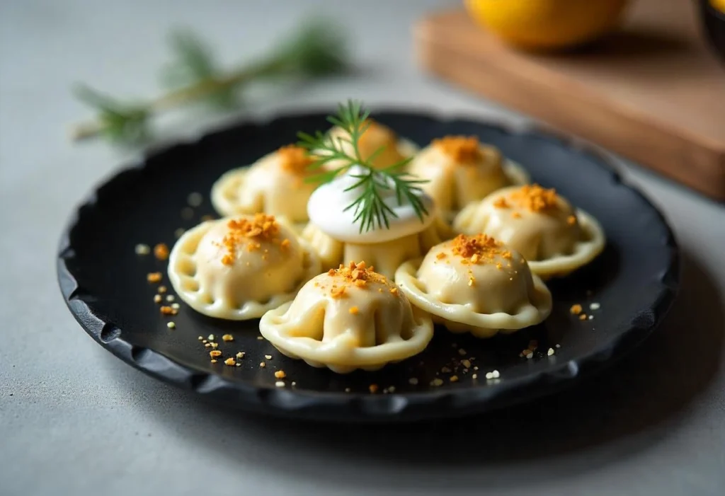 Boiled pierogi served on a rustic plate with sour cream and fresh dill