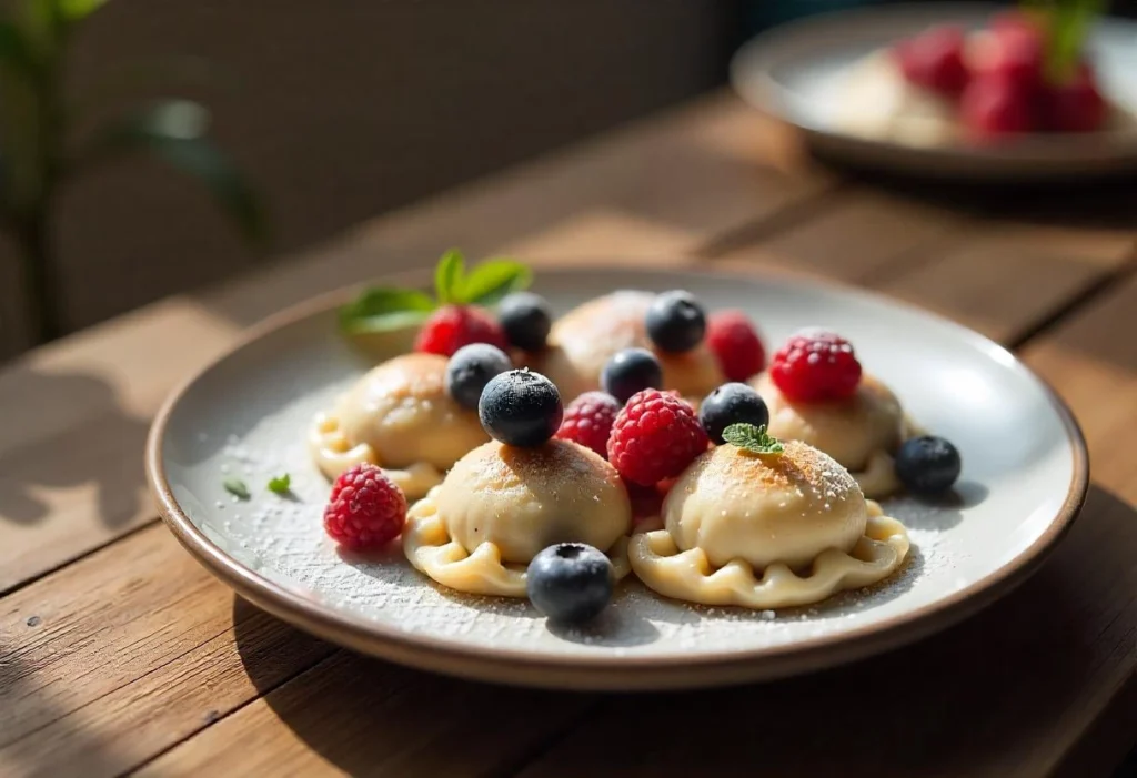 Sweet pierogi filled with berries and dusted with powdered sugar