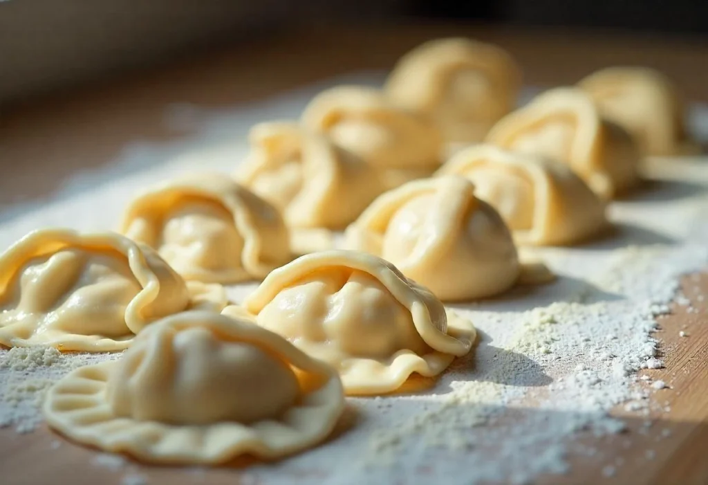 A row of homemade pierogi dough rounds being filled with potato mixture on a floured surface