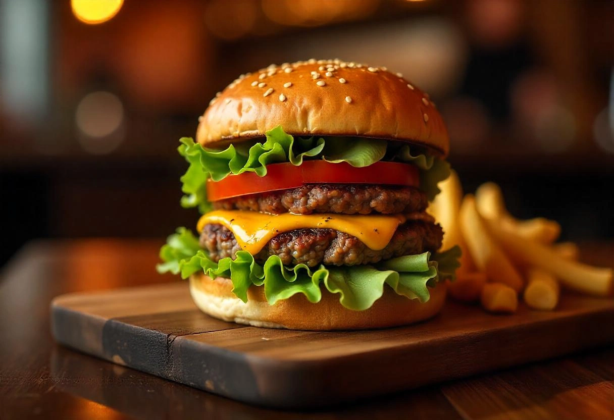 A juicy smashburger with melted cheese, lettuce, tomato, and a toasted brioche bun