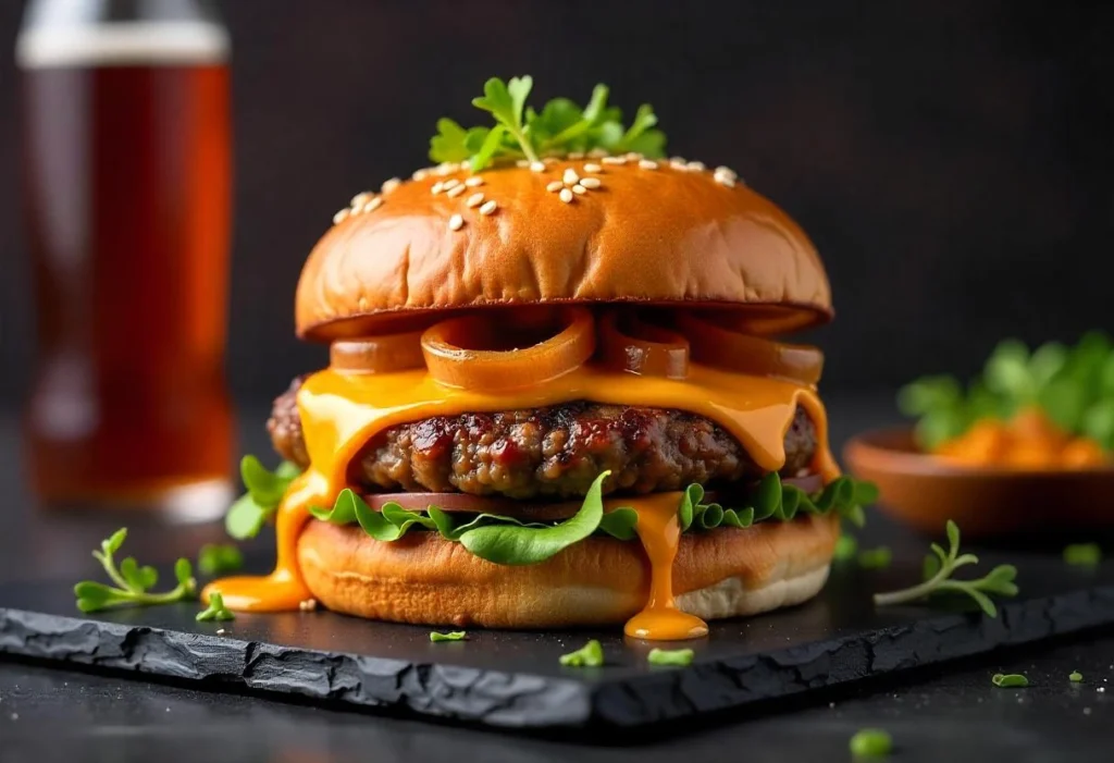 A double smashburger with two beef patties, melted cheddar, and caramelized onions on a toasted bun